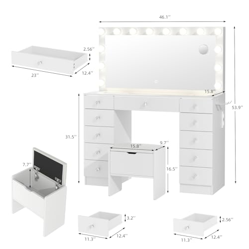 VOWNER Vanity with Lighted Mirror - Makeup Vanity Desk with Glass Top and 11 Drawers, 3 Color Lighting Modes Adjustable Brightness, 46" Vanity Table with Soft Cushioned Stool for Bedroom, White