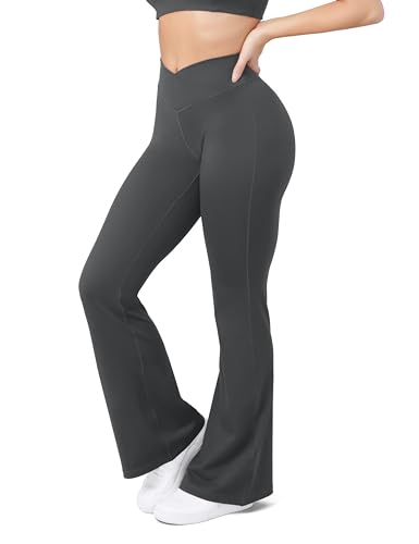 Image of HEGALY Women's Flare Yoga Pants - Crossover Flare Leggings High Waisted Tummy Control Workout Casual Bootcut Pants, Dark Grey, M