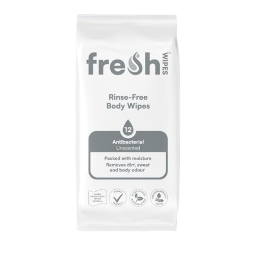 FreshWipes Unscented Antibacterial Body Wet Wipes For Adults 1 Pack (12 Wipes) - Extra Large Biodegradable - Dermatologically Tested & Suitable for the Elderly or Disabled - Great for Camping