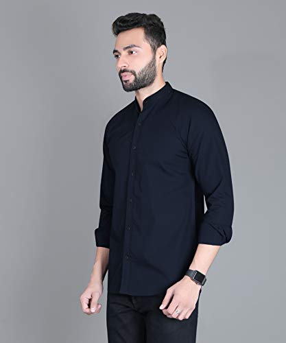 Image of Fifth Anfold Men's Pure Cotton Solid Color Mandarin Collar Full Sleeve Casual Wear Shirt, Office Wear for Men