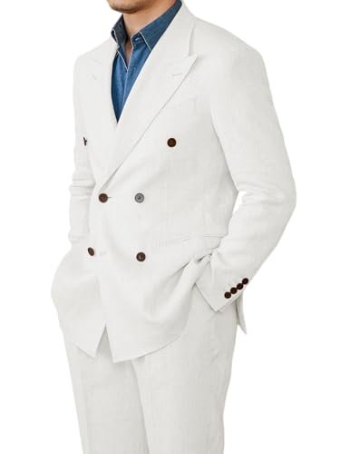 Retro Linen Double Breasted Suit Men 2 Piece Slim Fit Mens Blazer Pants Sets Tuxedo Jacket for Prom Homecoming