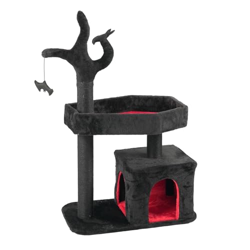 UDeuxff Black Halloween Cat Tree, 44.5 Inches Gothic Cat Tower, Cat Houses for Indoor Cats with Coffin Bed, Spacious Cat Condo, Scratching Posts for Kittens and Cats - Thumbnail 3
