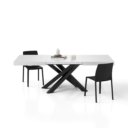 MOBILI FIVER, Mesa Extensible Emma 140(220) x90 cm, Color Fresno Blanco con Patas Cruzadas Negras, para 6-10 Personas, Mesa Extensible de Comedor, Mesa Cocina, Salon, Made In Italy