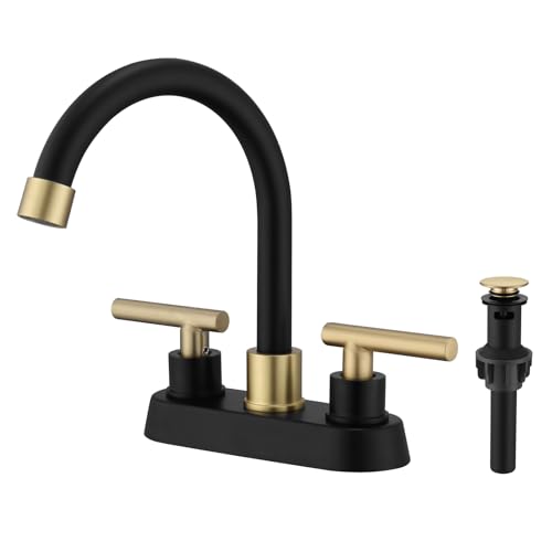 Rzoeox Bathroom Faucet Black and Gold 2 Handle 4 Inch Centerset Bathroom Sink Faucet with Pop Up Drain Modern RV Vanity Sink 2 or 3 Hole Mount