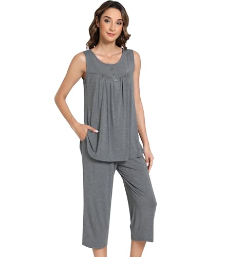 Image of NACHILA Pajamas for Women-Viscose Made from Bamboo, Sleeveless Pjs Top and Capri Pants Pajama Set Cool Pleated Sleepwear