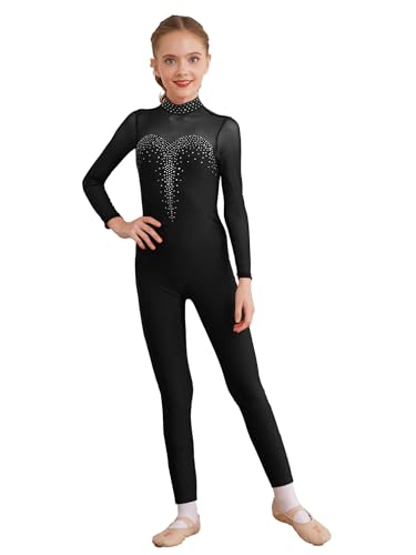 TiaoBug Enfant Fille Justaucorps Jumpsuit Strass Vêtement de Gymnastique Danse Manche Longue Combinaison Patinage Artistique Académique Léotard Bodysuit Sport 5-16 ans Noir D 11-12 ans