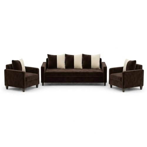 Image of FURNY Rion 3 Seater + 1 Seater + 1 Seater Fabric Sofa Set (Dark Brown-Cream) with Velvet Finish | Durable Comfort | Ideal for Living Room
