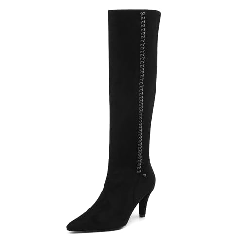 Knee High Boots Women Kitten Heel Suede Tall Boots for Women Pointed Toe Long Boots with Zip