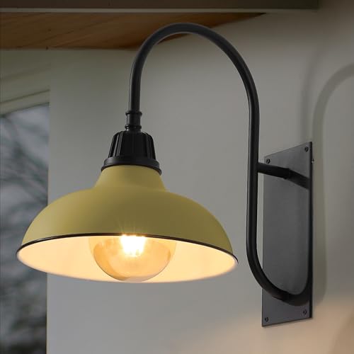 Image of JONATHAN Y 12.25 inch Matte Yellow /Black 1-Light Farmhouse Gooseneck Outdoor Wall Sconce Lamp, with Black Metal Bowl Shade, Industrial Iron LED Porch Light for Patio Garage Entryway (JYL7614H)