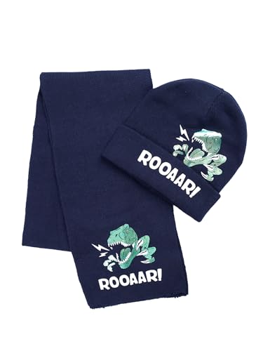Image of Kid Winter Knit Hat Scarf Dinosaur Warm Knitting Cartoon Animal Beanie Scarf Set for Boys Girls Navy