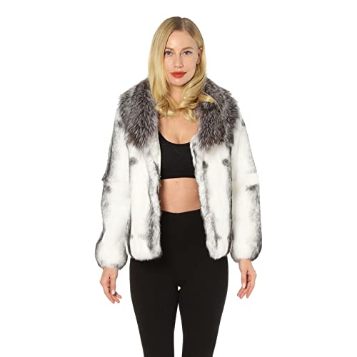 LVCOMEFF Women Real Rabbit Fur Coat with Genuine Fox Fur Collar Animal Print Furry Fluffy White Color?