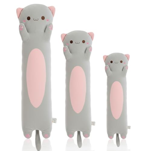 Image of Long Cat Plush Toy - Ultra Soft Cat Plush Pillow Stuffed Animal for Kids & Adults, Kawaii Kitty Body Pillow, Cute Plushie Gift for Kids Girlfriend (Gray, Round Eyes, 60cm /23.62inch)