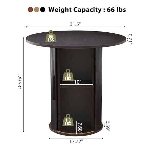 Image of 31.5 inch Round Dining Table for 2-4, Modern Kitchen Table with 2-Tier Storage Shelf, Small Wooden Circle Dining Tables with Fluted Base for Home Dining Room Living Room (Blackened Brown)