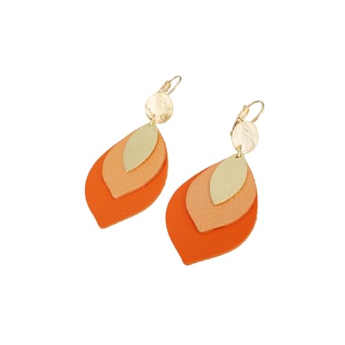 Boucles feuilles en cuir orange et doré pendantes design bohème