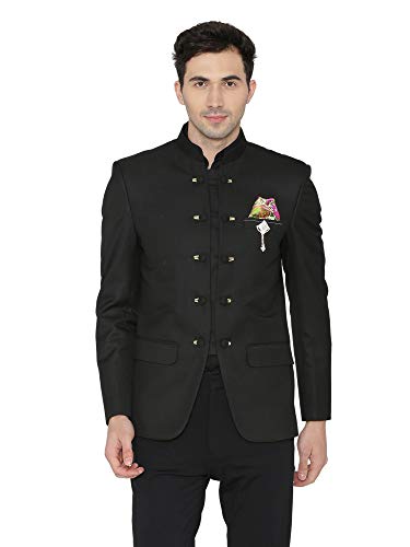 WINTAGE Men's Polyester Cotton Casual and Festive Indian Jodhpuri Grandad Bandhgala Blazer : Black