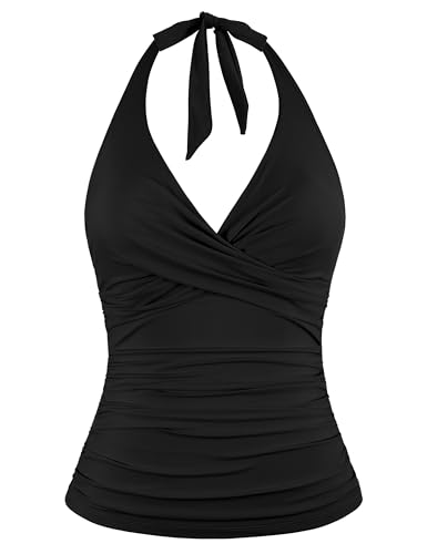 Firpearl Underwire Tankini Tops for Women Ruched Tummy Control Bathing Suit Tops Halter V Neck Swimsuit Top Only2