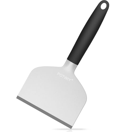 POTWIY Heavy Duty Griddle Scraper 5.3 Wide Sharp Stainless Steel Scraper with Full Tang Silicone Handle Great BBQ Cleaning Tool for Flat Top Grill & Griddle Cleaning Accessories (1 Pack Large)