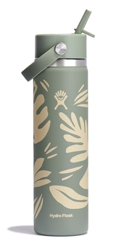 Image of Hydro Flask Water Bottle - Insulated Stainless Steel - Wide Mouth Flex Straw Lid, Non Spill, Leakproof and Refillable in 24 Oz Botanical Bliss Agave