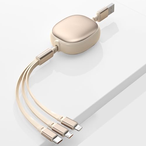 100W Retractable Multi Charging Cable, 3 in 1 Retractable Car Charger with Type C/Lightning/Micro USB Cords for iPhone 16 15 14/Galaxy/iPad/PS/Kindle, 4Ft 6A Fast Chargers for Multiple Devices, Gold