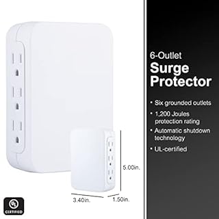 GE Pro 6-Outlet Extender, Surge Protector, Side Access, Wall Tap Adapter, 3-Prong, 1200 Joules, Warranty, UL Listed, White, 10353