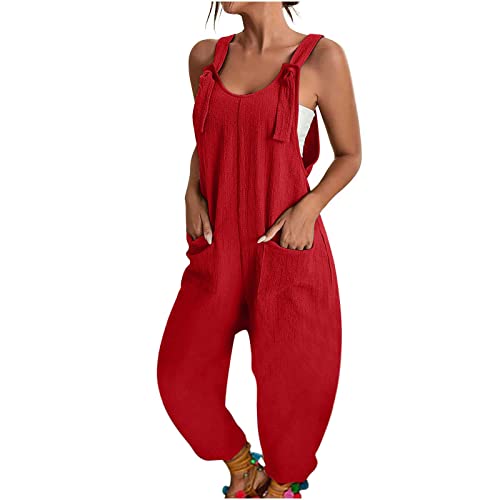 WONGKCDD Women's Casual Loose Overalls Jumpsuits One Piece Sleeveless Printed Wide Leg Long Pant Rompers With Pockets Red X-Large
