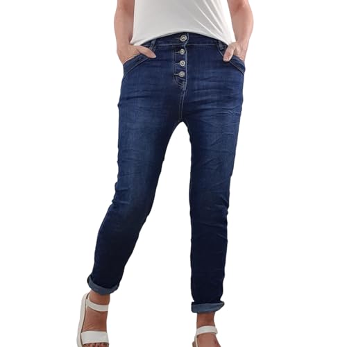 Karostar Damen Stretch Jeans| Casual Boyfriend Denim Hose| mit sichtbarer Knopfleiste (Classic Denim Blue, M) Karostar Damen Stretch Jeans| Casual Boyfriend Denim Hose| mit sichtbarer Knopfleiste (Classic Denim Blue, M)