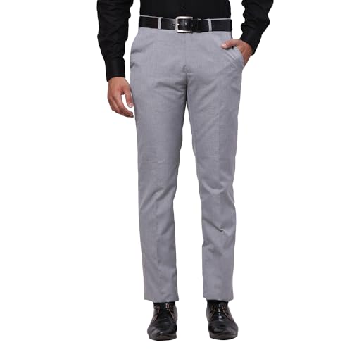 Image of Raymond Men's Slim Fit Mid Rise Solid Pattern Polyester Viscose Blend Flat Front Trouser