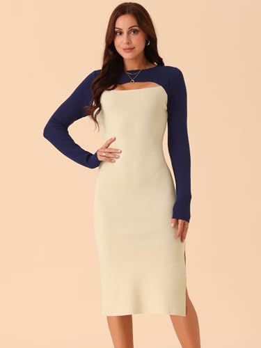 Image of Seta T Women's Long Sleeve Crew Neck Stretch Slim Cutout Color Block Ribbed Knit Bodycon Midi Sweater Dress X-Large Dark Blue-Beige
