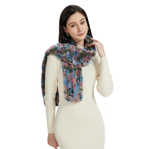 Fur Story Women's Rex Rabbit Fur Scarf Ladies Winter Warm Knitted Long Crochet Fashion Scarf Scarves for Women Men