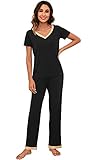 WiWi Womens Bamboo Viscose Pajamas Set Short Sleeve Top with Pants Pjs Soft V Neck Sleepwear Lightweight Loungewear S-3X, Black, XX-Large