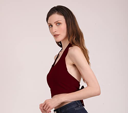 Image of THE BLAZZE 1381 Women's Basic Sexy Solid Backless Halter Neck Slim Fit Sleeveless Crop Top for Women