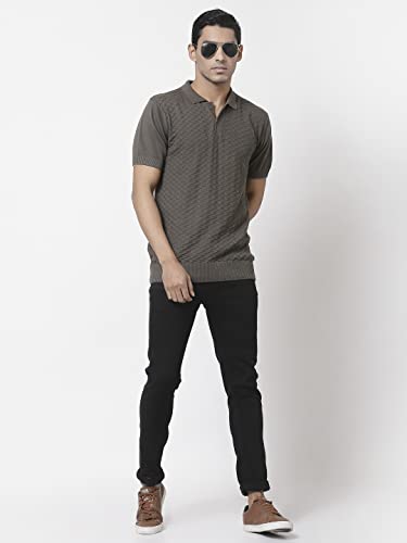 Image of Style Quotient Men Olive Self Design Tshirts