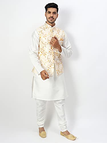Image of Uri and MacKenzie Men's Silk Blend Regular Kurta Churidar Pyjama with Bundi Nehru Jacket /Waistcoat