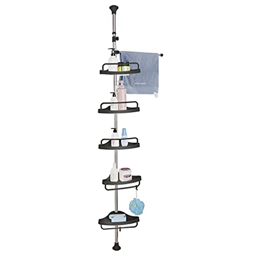 BAOYOUNI Étagère d'angle Douche Télescopique en Métal sans Perçage Etagère Salle de Bain Extensible en Hauteur avec 5 Plateaux Réglables 3 Crochets Amovible et 1 Porte-Serviettes (Noir) Cover