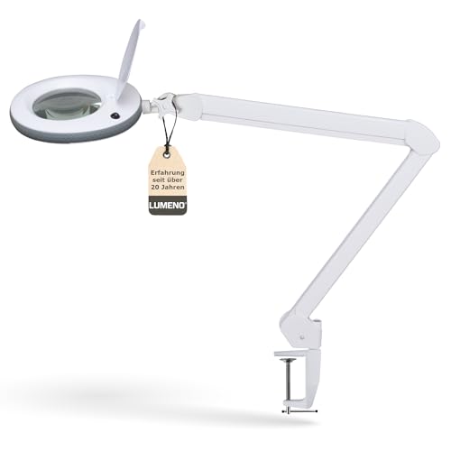 Lumeno LED Lupenleuchte 7215GR, Lupenleuchte mit 127 mm Glaslinse, Lupenlampe, Lupenleuchten, Kosmetik Lupe, Standlupe mit Licht, Vergrößerungsglas, Fußpflege Lampe, 5 Dioptrien Grau