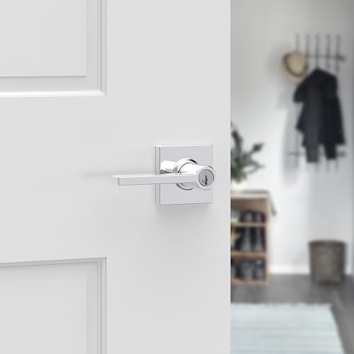 Image of Kwikset Casey Entry Door Handle with Lock and Key, Secure Keyed Reversible Lever Exterior, for Front Entrance and Bedrooms, Polished Chrome, 4 Pack, Pick Resistant SmartKey Rekey Security