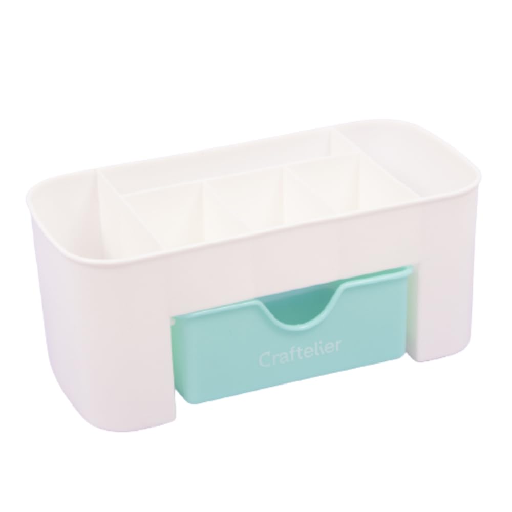 Craftelier - Desk Organizer with 5 Compartments of Different Sizes and a Small Drawer - Turquoise and White - Dimensions 20.5 x 10.5 x 9.7 cm (8.5 x 4.5 x 4.5 x 4.5 x 4.5 in.)