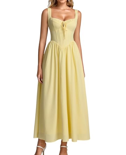 Image of GLNEGE Womens Corset Midi Dress Spring Wedding Guest A-line Flowy Dresses Lace Up Summer Tea Party Long Sundress for 2026