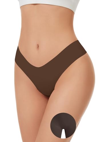 OVRUNS Seamless Thongs for Women Low Waist Invisible No Show Thong Panty Liners Workout G-String Thongs Underwear - Coffee M
