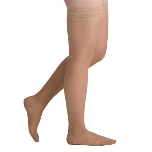 Image of EvoNation Women's Sheer Thigh High 15-20 mmHg Compression Stockings | Nylon-spandex fabric with lace-silicone top band, sandalfoot design and reinforced heel for secure all-day wear
