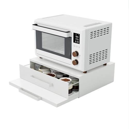 VibeNest Steel Microwave Stand with Pull-Out Drawers & Shelves - Kitchen Countertop Organizer for Coffee Station & Appliance Storage (White+Drawer+Shelf)