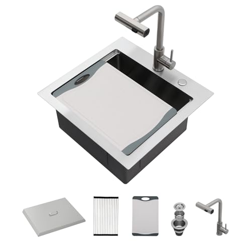 Lordear Drop In Outdoor Kitchen Sink Workstation with Pull-out Faucet 21" x 20" Bar Prep Sink 16 Gauge Stainless Steel Single Bowl Small Kitchen Camper Wet Bar Mobile Home RV Basin with Cover