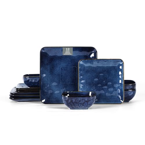 vicrays Ceramic Square 12 Pieces Dinnerware Set - Dinner Plates Salad Plates Cereal Bowls Set...