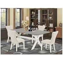 HomeStock Asian Fusion Dining Table Set Includes a Rectangle Kitchen Table with X Legs and Doeskin Linen Fabric Upholstered Chairs Cement/5 Piece