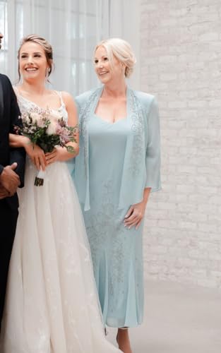 Image of Elegant Beaded Pebble Georgette Mid-Calf Slip Dress W /Matching 3 /4 Sleeve Jacket - Two-Piece Set for Formal Events