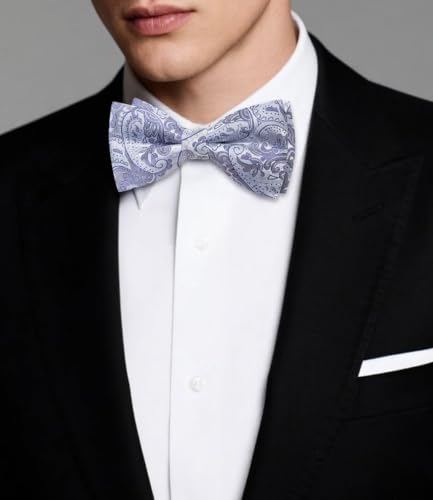 Image of Dubulle Mens Paisley Striped Bowtie Set Pre-tied Bowtie for Men and Pocket Square Set Wedding Business