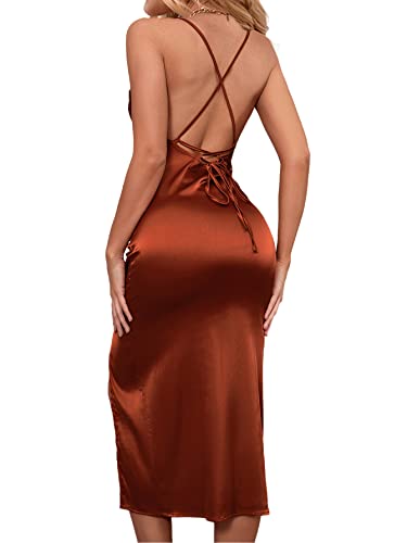 Lyaner Women's Satin Cowl Neck Spaghetti Straps Sexy Split Hem Bodycon Midi Dress Rust Brown Small #TOP1