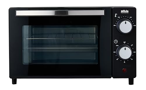 Silva Schneider MB 1000 Mini horno, 10 L, color negro, 650 W, ajuste de temperatura de 100 a 230 °C, temporizador con señal final, elemento calefactor de cuarzo, puerta de cristal doble, con placa