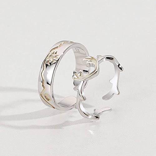 Bague en argent S925 ajustable au design raffiné de bois d'élan pour couple