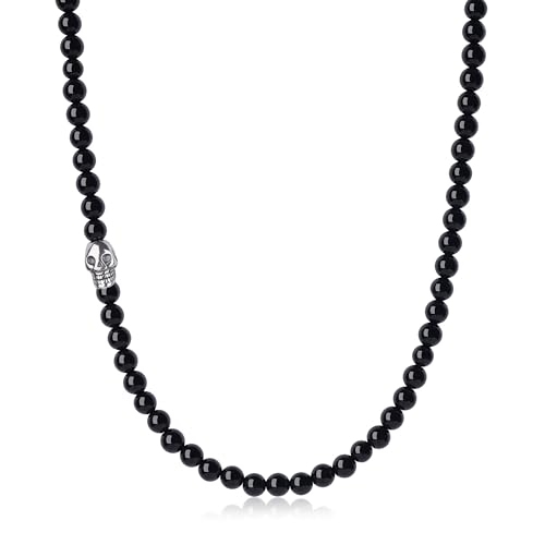 Collier perle homme avec tête de mort GAVU collier ras du cou en pierres noires de 50cm